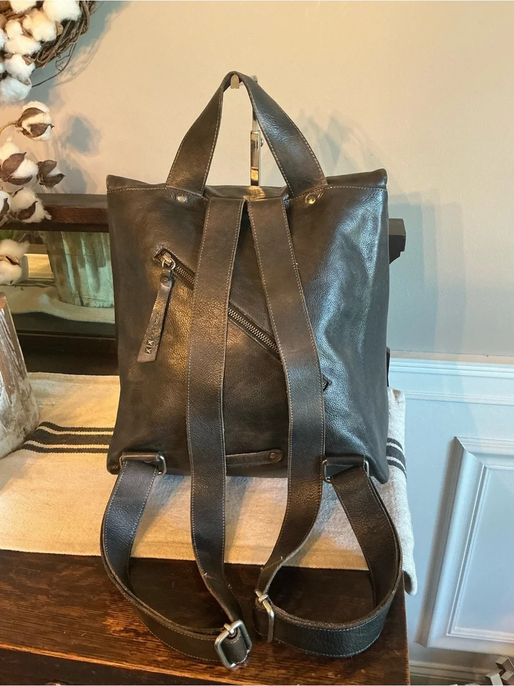 Bed Stu Leather Unisex Howie Flapover Leather Backpack Black Rustic Retail $365